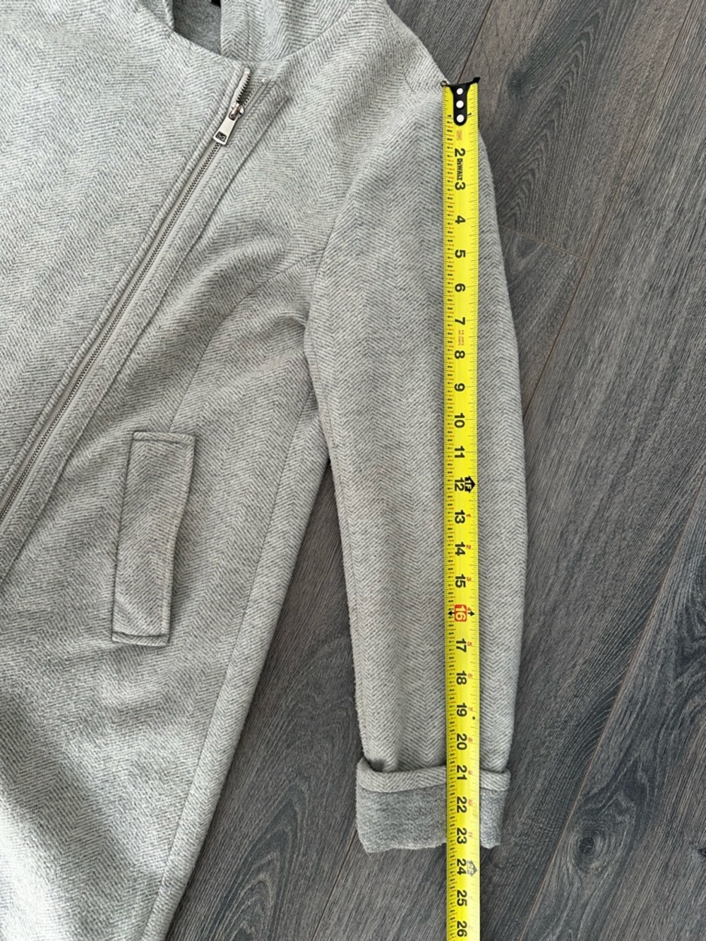 Le Chateau Grey Herringbone Asymmetrical Zip Hooded Jacket Long Chic Neutral Sm - Picture 6 of 14